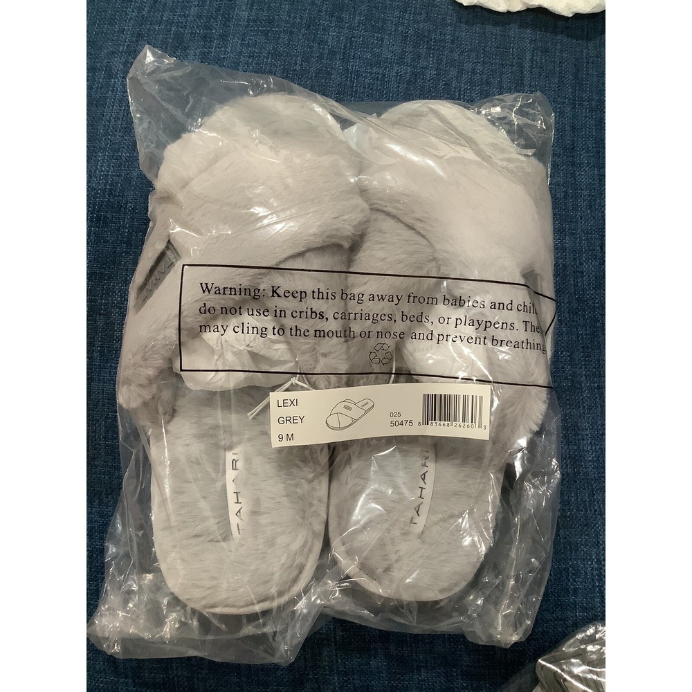 Tahari - Faux Fur Lexi Gray Crisscross Slippers, Size 9M - NEW ~ MSRP $48